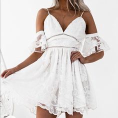 Xenia Boutique White Lace Off The Shoulder Dress Brand New With Tags Size Xsmall. Sold Out Online! Fitted Lace Summer Mini Dress, Fitted Lace Mini Dress For Summer, Fitted Lace Summer Dress, Fitted Lace Dresses For Vacation, Flowy Lace Trim Mini Dress For Parties, Fitted Lace Mini Dress For A Day Out, Off The Shoulder Lace Dress, Lace Off The Shoulder Dress, Peach Color Dress