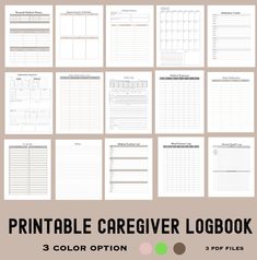 the printable caregiver logbook is shown in several different colors and sizes