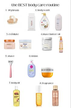 Self Care Needs List, Tips For Body Care, Drugstore Body Care, Skin And Body Care Products, Self-care Routine Body Care, Self Care Products List, Self Care Essentials Products, Self Care Products Hygiene Aesthetic, Everything Shower Products