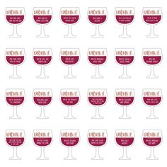 many wine glasses with different names on them