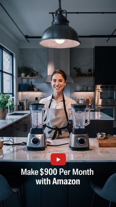 a woman standing in front of a blender with the words make $ 900 per month with amazon