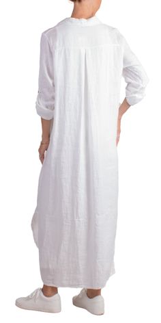 Long Button Down Collared Linen Dress with Cuffed Sleeves. May Be Worn As a Dress Or a Long Jacket. 100% Linen Made in Italy One Size Model 5'8" Daywear Dresses With Roll-up Sleeves, Long Sleeve Maxi Dress With Button Cuffs For Daywear, Long Sleeve Dress With Placket For Beach, White Long Sleeve Dress With Cuffed Sleeves, White Dress With Cuffed Sleeves, Buttoned Long Maxi Dress, Relaxed Fit Dress With Button Closure For Daywear, Relaxed Fit Long Sleeve Dress With Roll-up Sleeves, Daywear Linen Dress With Button Closure