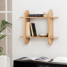 a book shelf with books on it in a living room next to a chair and potted plant