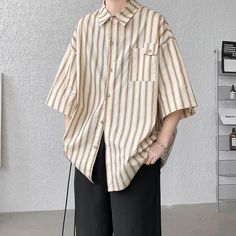 Threebooy Half Sleeve Shirts Men Casual Stripe Shirts Streetwear Oversize Blouses Single Breasted Male Clothing Harajuku Summer Material: Polyester Fiber Shirts Type: Casual Shirts Applicable Scene: CASUAL Style: Casual Sleeve Length(cm): half Applicable Season: summer Craft of Weaving: knit Gender: MEN Item Type: SHIRTS Attention 1. This is Chinese Size, normally 2-3 size smaller than EU/US size. If you wear EU/US size M,you can select our size XL or XXL. 2. As measured by hand,1-3 cm differenc Casual Collar Khaki Summer Tops, Casual Green Half Sleeve Shirt, Green Half Sleeve Tops For The Beach, Oversized Half Sleeve Summer Shirt, Casual Beige Half Sleeve Blouse, Oversized Beige Shirt For Summer, Oversized Khaki Shirt For Summer, Oversized Khaki Tops For Summer, Casual Striped Half Sleeve Tops