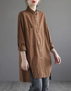 Loose Solid Color Mid-length Shirt – Obiono Brown Collared Blouse With Relaxed Fit, Brown Relaxed Fit Collared Blouse, Non-stretch Long Sleeve Work Shirt, Casual Brown Collared Blouse, Plain Collared Blouse For Fall, Fall Collared Plain Blouse, Brown Collared Shirt For Spring, Brown Cotton Workwear Blouse, Brown Long Sleeve Shirt For Everyday