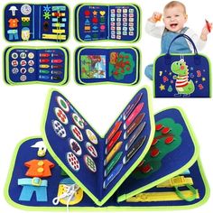 an open book with pictures of children's toys in the front and on the back