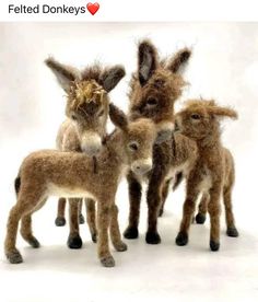 five miniature donkeys standing next to each other in front of a white background with the caption felted donkeys