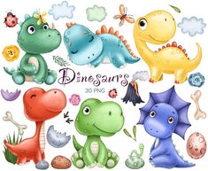 the dinosaurs are all different colors and sizes