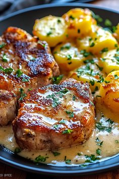 Garlic Butter Pork Chops with Cheesy Potato Bake Pork Chops With Scalloped Potatoes, Cheesy Potato Bake, Boneless Pork Chop Recipes, Pork Chops And Potatoes, Meat And Potatoes, Easy Pork Chops