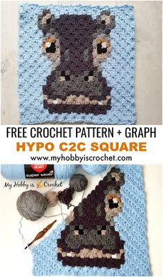 a crocheted hippo square is shown with the text, free crochet pattern and graph hypo c2c square