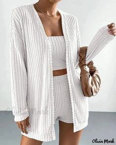 Olivia Mark - Bandeau Crop Top and Shorts Set Accompanied by a Cardigan Comfy Shorts Outfit, Tube Top And Shorts, Bandeau Crop Top, Top And Shorts Set, Top And Pants Set, Round Neck Dresses, Cropped Tops, Crop Top And Shorts, Embellished Top