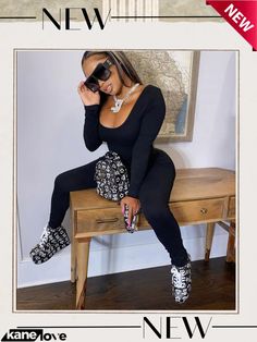 Plus Size Solid Long Sleeve Two Piece Pants Set Casual Stretch Jumpsuits, Trendy Non-stretch Winter Jumpsuits And Rompers, Casual Pants For Night Out In Winter, Chic Stretch Jumpsuits And Rompers With Long Pants, Trendy Stretch Jumpsuits And Rompers For Fall, Casual Leggings For Night Out In Spring, Casual Fitted Jumpsuits And Rompers With Long Pants, Casual Fitted Jumpsuits And Rompers, Casual Jumpsuits And Rompers For Fall Night Out