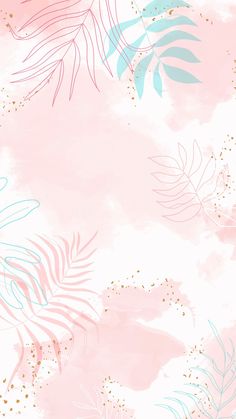 a pink and blue wallpaper with palm leaves on the left side, gold flecks on the right