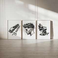 three black and white drawings of haircuts on canvases in an empty room