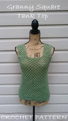 a crocheted tank top on a mannequin with text overlay that says granny square tank top