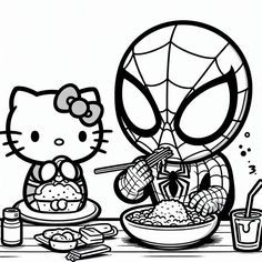 hello kitty and spiderman eating together at the table coloring pages for kids printable