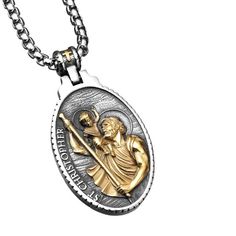 Embrace spiritual grace with the Saint Christopher Necklace. This exquisite pendant features a depiction of revered figure Saint Christopher- artfully crafted in durable stainless steel. The intricate design creates a powerful amulet of faith and protection. This necklace serves as a beautiful expression of devotion or a thoughtful gift. Let this timeless piece be a daily reminder of divine guidance and inner peace. Vintage-inspired design with strong religious symbolism Premium 316L stainless steel - Lightweight, hypoallergenic and tarnish-resistant Retro chain included (24 inches length) Saint Christopher Pendant - Symbol of Protection and Faith Spiritual Engraved Oval Pendant Jewelry, Engraved Spiritual Medallion Jewelry, Engraved Oval Pendant Spiritual Jewelry, Spiritual Necklaces With Engraving Option For Commemoration, Spiritual Pendant Necklace With Engraving Option, Spiritual Pendant Necklaces With Engraving Option, Spiritual Necklaces With Polished Finish For Memorial, Saint Christopher Necklace, St Christopher Necklace