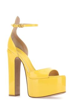 Yellow Leather Tan-go Sandals Yellow Sandals With Single Toe Strap For Evening, Luxury Yellow Block Heel Heels, Formal Yellow Platform Sandals, Yellow Sandals With Removable Insole For Evening, Spring Platform Heels In Calf Leather, Luxury Yellow Sandals For Summer, Elegant Yellow Leather Sandals, Luxury Yellow Heels For Summer, Luxury Yellow Summer Heels