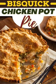 a chicken pot pie on a plate with a fork next to it and the words from scratch chicken pot pie