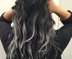 Black hair with Sliver highlights Balayage On Black Hair, Color Hair Styles, Chocolate Brown Hair Color Ideas, Diy Balayage, Best Balayage, Underlights Hair, Black Hair Balayage, Grey Highlights, Chocolate Brown Hair Color