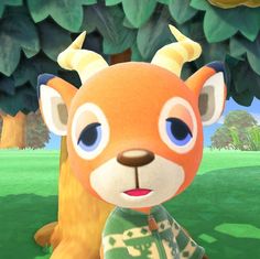 the animal crossing character is sitting in front of a tree with horns on it's head