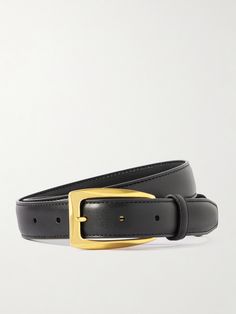 The Row's understated 'Arco' belt will work with everything from the label's chunky knitwear to slick tailoring or jeans. It's made from supple black leather and has a gold-tone buckle. Black Leather Belt Buckles For Workwear, Timeless Black Belt For Workwear, Timeless Black Belt For Work, Timeless Black Belt Buckles For Workwear, Sleek Leather Belt Buckles For Workwear, Designer Fitted Black Belt, Chunky Knitwear, Fall Shopping, Color Therapy