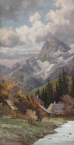 an oil painting of mountains and houses in the foreground with a river running through it