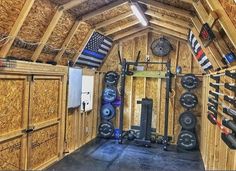 the inside of a garage with lots of storage