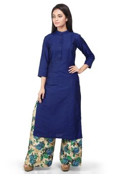 Readymade cotton silk kurta set in blue. This quarter sleeve attire is designed with bandhej work, floral print, pin tuck and buttons. Available with a beige art bhagalpuri silk printed palazzo. Length may vary upto 2 inches.  We sell all kinds of women's and ladies tops Casual Kurtas |Indian Tops |Gowns |Ladies Dresses |Indian Fashionable Tops |Indian topwear |Office wear |Holiday wear |Girls Tops |Teenager tops |Cotton Kurtis |Cotton kurtas |Chikankari Kurtis |Bagru pring kurtis |Handmade kurt Blue Cotton Silk Kurta For Navratri, Blue Cotton Silk Straight Kurta, Blue Cotton Silk Kurta For Festivals, Indigo Chanderi Kurta For Festivals, Indigo Cotton Silk Straight Kurta, Festive Indigo Cotton Traditional Wear, Blue Block Print Cotton Silk Kurta, Blue Chanderi Kurta With Bandhani Print, Indigo Cotton Straight Kurta