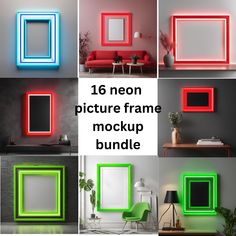 the neon frame mock up bundle includes four different frames, one is green and two are red