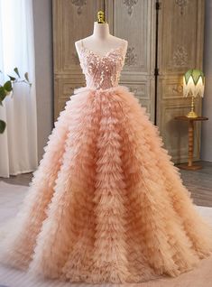 Champagne Tulle Tiers Sequins Quinceanera Dress Peach Ball Gown, Pink Sweet 16 Dress, Pink Sweet 16, Gala Gown, Prom Dresses Long Pink, Prom Long, Corset Dress Prom, Pink Prom Dress, Princess Ball Gowns