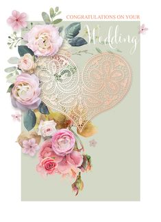 a wedding card with flowers and hearts on the front, says congratulations on your wedding day