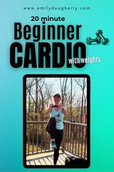 a woman running on a bridge with the text 20 minute beginner cardio with weights