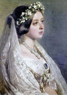 a painting of a woman wearing a white dress and veil with flowers in her hair