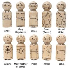 wooden peg dolls with names and pictures of people in different poses, including one man