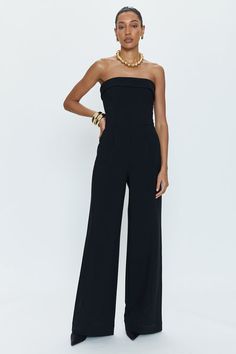 Strapless Jumpsuit, Black One Piece, Black Tie Event, Black Jumpsuit, Fitted Bodice, Simple Dresses, Black Tie, Black Fabric, Side Zipper