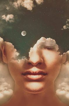 a woman's face with clouds and the moon in the sky above her head