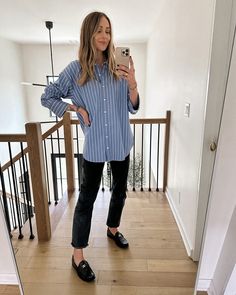 Blue Striped Blouse Outfit, Blue Stripe Shirt Outfit, Striped Blouse Outfit, White Striped Shirt Outfit, Blue Striped Shirt Outfit, Striped Shirt Outfit, Black Loafers Outfit, Nashville Fashion, Outfits With Striped Shirts