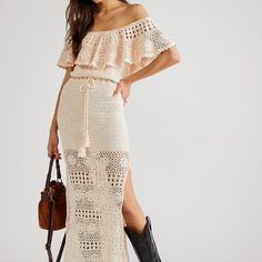 So Cool In Crochet, This Timeless Midi Dress Is Featured In An Off-The-Shoulder Silhouette With Ruffled Overlay At Neckline, Adjustable Drawstring Waist, And Sheer Bottom Piecing For Added Dimension. Fit: Fitted, Bodycon Silhouette Features: Off-The-Shoulder Neckline, Drawstring Waist, Exaggerated Side Slit, Sheer Bottom Piecing, Effortless Pull-On Style Just As Effortless As It Is Essential, This Goes-With-Anything Midi Dress Is Perfect To Pair With A Strappy Heel, Staple Slide-On Sandal, Or Bo Spell Dresses, Crochet Midi Dress, Crochet Midi, Strappy Midi Dress, Soiree Dress, Strappy Maxi Dress, Boho Midi Dress, Crochet Mini Dress, Strappy Dresses