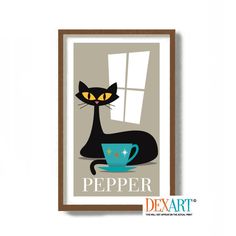 a black cat sitting on top of a blue cup next to a window with the words pepper written below it