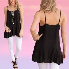 Brand New! This Black Flare Tank/Top Extender Gives You Optionsmaking It A Great Staple Piece For You. Wear It As A Tank In Summer, Add A Cardigan On Cooler Nights, Wear As An Extension Piece Under Other Tops Needing A Little Length. It Has A Ruffled Hem, Adjustable Straps, And A Scoop Neck. Perfect For Skinny Jeans Or Leggings. Great For Any Season!! 65% Cotton, 35% Poly. Measured Laying Flat: Bust- S 19"- Lg 21". Length- S 30"- L 33". $$ Firm Unless Bundled. All Boutique Items Are Brand New, A Flowy Cami Top For Vacation, Black Spaghetti Straps Top For Layering, Casual Flowy Spaghetti Strap Top, Flowy Camisole Top For Vacation, Flowy Black Top For Layering, Flowy Spaghetti Strap Top For Day Out, Black Spaghetti Strap Top For Day Out, Black Flowy Sleeveless Top, Top Extender