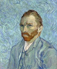 a painting of a man with a beard wearing a blue suit and tie, in front of a sky background