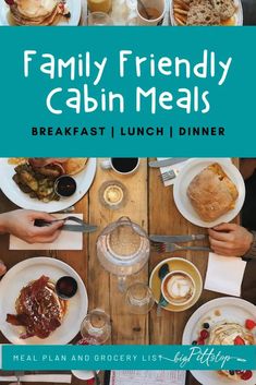 the cover of family friendly cabin meals, featuring breakfast and lunch items on a wooden table