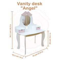 the vanity desk is white with pink drawers and a mirror on it's side