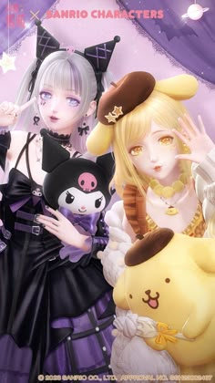 two anime characters are posing for the camera with one holding a stuffed animal in her hand