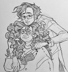 a drawing of two people with curly hair and glasses, one is holding the other's head