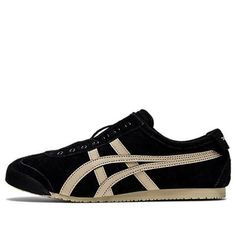 The Onitsuka Tiger Mexico 66 SlipOn 'Black Cream' is a stylish sneaker that combines classic design with modern features. The iconic brand logo is printed on the heel and tongue, giving the sneaker a unique personality. The soft inner material ensures a comfortable fit, while the improved sole design provides anti-slip protection. This sneaker is perfect for everyday activities and is sure to add a touch of style to any outfit. The inspiration behind the design is the classic Mexico 66 series, which has been a staple of the Onitsuka Tiger brand since the 1960s. (SNKR/Cozy/Light/Casual/Unisex/Low Top) Grunge Tennis Shoes, Womens Black Tennis Shoes, All Black Shoes Sneakers, Tiger Shoes Outfit, Cool Black Sneakers, Black Sneakers Aesthetic, Shoe Inspiration Sneakers, Cool Black Shoes, Cute Black Sneakers