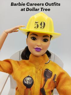 a barbie doll wearing a yellow fireman's hat with the words barbie career outfits at dollar tree