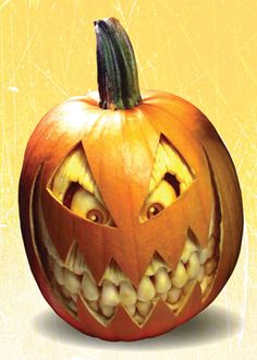 a carved pumpkin with eyes and teeth on it's face, against a yellow background