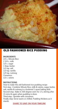 the recipe for old fashioned rice pudding is shown